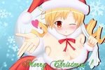  armpits bag bare_shoulders bent_over blonde_hair blown_kiss breasts christmas cleavage collar detached_sleeves dress drill_hair hat heart highres kamito_kanata large_breasts mahou_shoujo_madoka_magica one_eye_closed santa_costume santa_hat snow snowflakes solo tomoe_mami yellow_eyes 