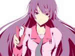  bakemonogatari koumei_(harmonizer) long_hair looking_at_viewer monogatari_(series) pen purple_eyes purple_hair ruler senjougahara_hitagi simple_background solo stapler 