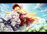  blonde_hair blue_eyes bonnet drill_hair flower hair_flower hair_ornament highres letterboxed long_hair multiple_girls red_eyes rozen_maiden shinku silver_hair suigintou very_long_hair yuki_hikari 