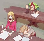  2boys bad_id bad_pixiv_id blonde_hair blue_eyes bracelet closed_eyes drooling earrings gloves groose jewelry link multiple_boys pointy_ears princess_zelda red_hair sleeping the_legend_of_zelda the_legend_of_zelda:_skyward_sword yellow_eyes ys_(momonnga) 