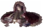  beaker black_eyes black_hair black_legwear book book_stack cape fate/zero fate_(series) knee_to_face lamp male_focus necktie open_book pants paper simple_background sitting socks solo soto studying sweater waver_velvet white_background 