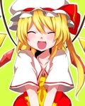  :d ^_^ ascot blonde_hair bow closed_eyes fang flandre_scarlet hat hat_bow highres looking_at_viewer open_mouth short_hair side_ponytail smile solo tori_no_karaage touhou v_arms wings 
