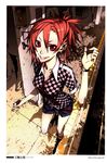  absurdres artist_name blouse breasts casual checkered checkered_shirt cleavage digital_media_player earphones eyelashes foreshortening from_above grin hair_between_eyes highres ipod looking_at_viewer medium_breasts miwa_shirou necktie original polo_shirt red_eyes red_hair shirt short_hair short_shorts short_sleeves shorts shure smile socks solo_focus subway taut_clothes taut_shirt train_station watch watermark wristwatch 