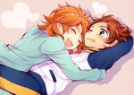  amemiya_taiyou bad_id bad_pixiv_id blue_eyes blush brown_hair closed_eyes hug inazuma_eleven_(series) inazuma_eleven_go male_focus matsukaze_tenma multiple_boys open_mouth pajamas racotta 