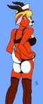  blue_background bra breasts butt female gazelle hair half-closed_eyes horn legwear lingerie looking_at_viewer looking_back my_gym_partner&#039;s_a_monkey my_gym_partner's_a_monkey nurse nurse_gazelle orange orange_body panties plain_background rascalraccoon solo stockings tail underwear 