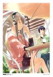  1girl absurdres brown_hair closed_eyes coffee_mug cup eretto headphones highres listening_to_music long_hair mug original parasol polo_shirt scan sidelocks skirt sony twintails umbrella 