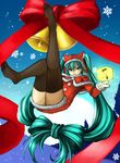  bell bow bow_by_hair eiji_(eiji) feet hair_bow hat hat_with_ears hatsune_miku long_hair musical_note no_shoes santa_costume snowflakes solo thighhighs very_long_hair vocaloid zettai_ryouiki 