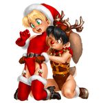  ;p animal_costume belt black_hair blonde_hair brown_gloves brown_leotard christmas collar covered_nipples elbow_gloves gloves green_eyes jpeg_artifacts kneeling leotard male_focus multiple_boys one_eye_closed open_mouth orange_eyes original po-ju red_gloves red_leotard reindeer_costume santa_costume simple_background sitting thighhighs tongue tongue_out wariza white_background 