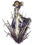  ahoge armor armored_dress artoria_pendragon_(all) blonde_hair dress excalibur fate/stay_night fate/zero fate_(series) field_of_blades gauntlets glowing glowing_sword glowing_weapon green_eyes hair_down hand_on_hilt highres long_hair maz_(fanxuying) planted_sword planted_weapon saber solo sword weapon 