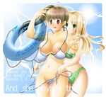  bikini blonde_hair blush breasts brown_hair copyright_request green_eyes grin innertube large_breasts long_hair multiple_girls nashigami_tsubute nipples pubic_hair red_eyes side-tie_bikini side_ponytail smile swimsuit untied untying 