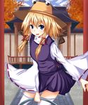  blonde_hair blue_eyes hair_ribbon hat moriya_suwako naba_(take_tonbo) ribbon short_hair shrine skirt smile solo thighhighs touhou 