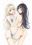  ahoge ass bad_id bad_pixiv_id bare_shoulders bikini black_hair blonde_hair blue_bikini blue_eyes breasts collarbone heisei_yutorin highres holding_hands long_hair looking_at_viewer medium_breasts multiple_girls navel original panties polka_dot polka_dot_background sideboob smile swimsuit thong thong_bikini underwear yellow_eyes 