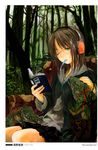  absurdres armchair audio-technica book brown_hair chair forest glasses green_eyes headphones highres lizard mouth_hold nature one_eye_closed original petting reading scan solo takano_otohiko 
