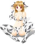  animal_ears animal_print bikini brown_hair copyright_request cow_ears cow_print highres horns long_hair nashigami_tsubute red_eyes simple_background solo spread_legs swimsuit thighhighs 