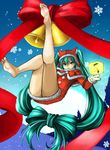  aqua_eyes aqua_hair barefoot bell bow bow_by_hair eiji_(eiji) feet hatsune_miku kneepits legs_up long_hair musical_note santa_costume snowflakes soles solo tied_hair twintails very_long_hair vocaloid 