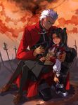  1girl archer bad_id bad_pixiv_id black_hair blood blue_eyes dark_skin empew fate/stay_night fate_(series) gears grey_eyes hair_ribbon height_difference highres homurahara_academy_uniform injury ribbon school_uniform toosaka_rin two_side_up unlimited_blade_works white_hair wince 