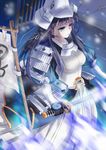  armor armored_dress arrow banner blue_eyes blue_hair breasts flag helmet highres katana medium_breasts planted_arrow rance_(series) sashimono sengoku_rance sword uesugi_kenshin_(rance) wanmixia weapon 