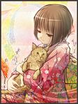  brown_hair cat copyright_request haiiro highres japanese_clothes kimono short_hair smile solo 