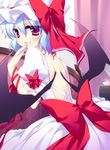  :d back bad_id bad_pixiv_id bat_wings blue_hair blush bow cup dress fang hat hat_bow hat_ribbon looking_back mob_cap motomiya_mitsuki open_mouth purple_eyes red_bow red_eyes red_ribbon remilia_scarlet ribbon short_hair smile solo teacup touhou white_dress wings 