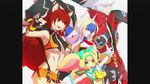  3girls :d androgynous animal_ears armpits artist_request blazblue blazblue:_continuum_shift breasts foreshortening makoto_nanaya medium_breasts midriff mu-12 multiple_boys multiple_girls navel official_art open_mouth orange_skirt pillarboxed platinum_the_trinity quad_tails ragna_the_bloodedge revealing_clothes short_hair simple_background skirt smile squirrel_ears squirrel_tail stomach tail underboob valkenhayn_r_hellsing white_background 
