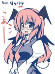  :d bat_wings bespectacled between_breasts blush breasts demon_tail dress_shirt glasses head_wings impossible_clothes impossible_vest koa_(phrase) koakuma long_hair long_sleeves medium_breasts muted_color necktie necktie_between_breasts oborotsuki_kakeru open_mouth red_eyes red_hair shirt simple_background skirt skirt_set smile solo tail touhou v_arms vest wings 