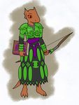  2011 argonian armor belt book bow_(weapon) emexarr feline female katia_managan khajiit lizard oblivion prequel quill-weave ranged_weapon reptile scalie solo standing the_elder_scrolls the_elder_scrolls_iv:_oblivion video_games warrior weapon 