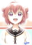  2011 akaza_akari dated double_bun face highres kem_kem looking_at_viewer open_mouth purple_eyes red_hair short_hair signature solo yuru_yuri 