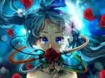  aqua_hair bad_id bad_pixiv_id blue_eyes flower folder hatsune_miku long_hair meo petals rose solo tears twintails upper_body vocaloid 