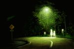  bush child dark dress empty_eyes forest ghost holding_hands horror_(theme) lamppost mitsukiyo_yukinori multiple_girls nature night open_mouth original road road_sign scenery sign sundress 