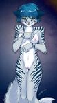  blue_hair breasts cat dkid feline female green_eyes hair looking_at_viewer mammal nipples nude pussy shy solo stripes 