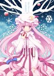  apple bad_id bad_pixiv_id book bow capelet crescent dress food fruit hat holding holding_book holding_food holding_fruit long_hair mizuse_kiseki patchouli_knowledge purple_eyes purple_hair snowflakes solo touhou tree very_long_hair 