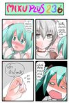  4koma android blush catstudioinc_(punepuni) comic detached_sleeves green_eyes green_hair grey_eyes hair_between_eyes hair_ribbon hand_on_another's_cheek hand_on_another's_face hatsune_miku highres ice_cream_sandwich_(miku_plus) multiple_girls o_o open_mouth pill ribbon shirt silver_hair smile thai translated twintails vocaloid 