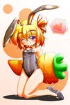  animal_ears bad_id bad_pixiv_id bare_legs blonde_hair bow bowtie bunny_ears bunnysuit carrot detached_collar flat_chest highres leotard oversized_object red_eyes ribbon rumia short_hair solo touhou usonge 