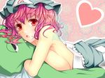  breast_press breasts fukunaga_kazuhiro gachapin hat heart large_breasts lying off_shoulder on_stomach pink_hair red_eyes saigyouji_yuyuko short_hair solo topless touhou 