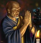  bald beads black_eyes buddhism candle christmas christmas_tree facial_hair fire flame hands_together kesa male_focus matataku monk old_man original own_hands_together prayer_beads praying realistic signature solo 