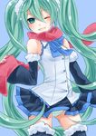  bow bowtie detached_sleeves green_eyes green_hair grin hair_between_eyes hatsune_miku long_hair nail_polish one_eye_closed panties red_scarf scarf simple_background skirt smile solo striped striped_panties thighhighs twintails underwear very_long_hair vocaloid yayoi_(egoistic_realism) 