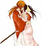  1girl couple hakama hetero himura_kenshin hug japanese_clothes kamiya_kaoru kimono long_hair ponytail reico rurouni_kenshin samurai simple_background white_background 