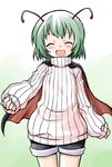  akou_roushi alternate_costume antennae blush cape closed_eyes green_hair open_mouth ribbed_sweater short_hair shorts simple_background smile solo striped sweater touhou vertical_stripes wriggle_nightbug 