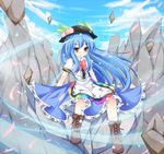  blue_hair boots bow cross-laced_footwear dress food fruit hat hinanawi_tenshi lace-up_boots long_hair peach red_eyes smile solo touhou uumenn 