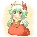  animal_costume bad_id bad_pixiv_id bell blush bow chibi christmas ex-keine fang green_hair horns kamishirasawa_keine long_hair open_mouth rebecca_(keinelove) red_bow red_eyes red_ribbon reindeer_costume ribbon sack solo star touhou 
