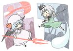  bat_wings battle blue_hair chibi duel grey_hair hairband hat jumping katana konpaku_youmu konpaku_youmu_(ghost) multiple_girls remilia_scarlet short_hair spear_the_gungnir sword taiga_mahoukan touhou weapon wings |_| 