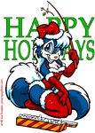  angel_(character) anthro christmas clothed clothing cute female fluffy_tail gloves hat holidays joe_rosales legwear looking_at_viewer mammal mistletoe pinup pose santa_hat skunk solo stockings tail wildlifers xmas 