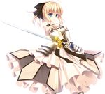  ahoge armor armored_dress artoria_pendragon_(all) bare_shoulders blonde_hair bow caliburn detached_sleeves dress excalibur fate/stay_night fate/unlimited_codes fate_(series) gauntlets hair_bow hatori_piyoko ponytail saber saber_lily solo sword weapon 