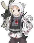  :3 alternate_color animal_hood black_eyes blonde_hair blush camouflage cat_hood cat_tail gun hand_on_hip hangaku highres hood military military_uniform solo tail transparent_background uniform weapon 