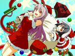  animal_ears bag bare_shoulders black_hair bunny_ears bunny_tail christmas dig_(digu16) gift hat highres inaba_tewi lavender_hair multiple_girls open_mouth red_eyes reisen_udongein_inaba riding santa_costume santa_hat smile snowflakes star tail teeth touhou wreath 