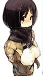  areola_slip areolae belt black_eyes black_hair blush emblem jacket mikasa_ackerman namaniku_atk open_clothes open_shirt paradis_military_uniform scarf scarf_over_mouth shingeki_no_kyojin shirt solo 