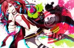  arikoshi_(good-speed) bare_shoulders belt boots choker colored_eyelashes cul foreshortening garters headset long_hair looking_at_viewer navel open_mouth pointing ponytail red_eyes red_hair shorts smile solo striped striped_legwear thighhighs vocaloid 