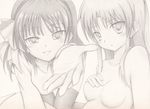  absurdres angel_beats! bad_id bad_pixiv_id breasts highres kinta_(distortion) long_hair looking_at_viewer monochrome multiple_girls no_nipples nude small_breasts smile tenshi_(angel_beats!) thighhighs traditional_media yuri_(angel_beats!) 