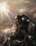  absurdres armor arrow chain dark_souls epic full_armor helm helmet highres jay_b_lee knight knight_of_astora_oscar male_focus manly shield signature solo souls_(from_software) sun sword watermark weapon 