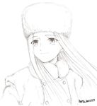  dated fate/zero fate_(series) fur_hat hat highres irisviel_von_einzbern kem_kem monochrome signature solo 